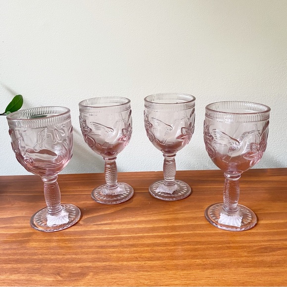 Vintage Abbott Pink Hummingbird Goblet Wine Glass Set